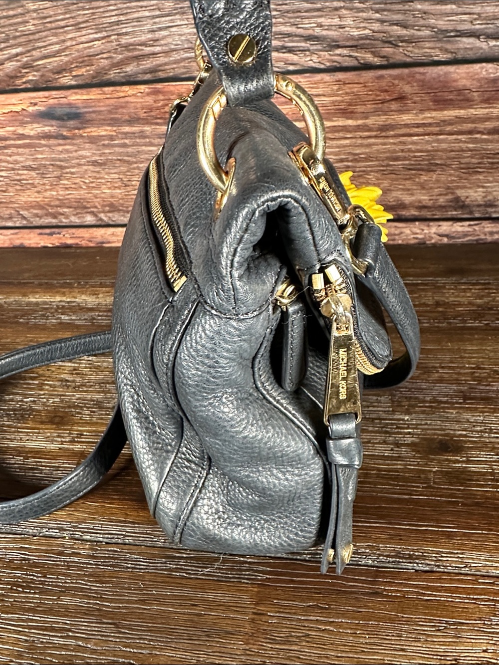 Michael Kors Dark Navy Pebbled Leather Flap Crossbody with Gold Hardware - Picture 4 of 7